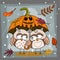 Funny illustration of the rain on Halloween with couple owls under pumpkin umbrella