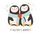 Funny illustration of two cute penguing. Romantic animal characters.