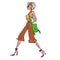 funny illustration of a young fashionable slim beautiful girl big in culottes with a bag and a cloud that goes fast