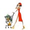 funny illustration of a young slender beautiful girl in a red dress who quickly carries fruit and wine purchases from