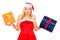 Funny indecisive Santa female with Christmas gifts