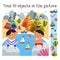 Funny Indian boys play with boats near wigwams. Find 10 items. Game for children. Cute cartoon character. Vector