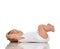Funny Infant child baby girl in diaper lying on a back and looki