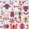 Funny insects Spider butterfly caterpillar dragonfly mantis beetle wasp ladybugs seamless pattern on blue background with flowers