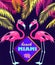 Funny invitation for night Miami beach party with fan-leaved palms, cut pair pink flamingo and frangipani flowers. Print for poste