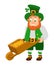 Funny Irish character, leprechaun, moving of cart filled with gold.