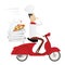 Funny italian chef delivering pizza on red moped