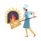 Funny italian cook putting pizza into stove, flat vector illustration isolated.