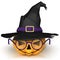 Funny Jack O Lantern. Halloween pumpkin with purple glasses, wearing a witch\'s hat