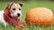 Funny jack russell terrier dog smelling and listening next to a pumpkin and wearing orange scarf in autumn