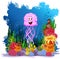 Funny jellyfish cartoon with sie life background