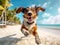 Funny joyful dog jumping and playing on tropical sand beach. Cool and happy holiday or vacation concept. Created with generative