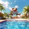 Funny joyful frog jumping to water in swimming pool. Cool and happy holiday or vacation concept. Created with generative Ai