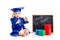Funny kid with bell in academician clothes at