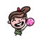 Funny kid girl in green dress with big swirl lollipop