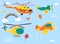 Funny kids air transport set. Helicopters, biplane, parachutist cartoon vector illustration isolated on blue background