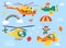 Funny kids air transport set with little animals. Helicopters, biplane, parachutist cartoon vector illustration isolated on blue