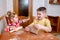 Funny kids bake cookies in kitchen. happy family