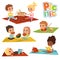 Funny kids in park. Picnic concept vector pictures