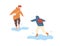 Funny kids running and jumping on puddle vector flat illustration. Boys in seasonal clothes having fun together isolated