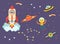 Funny kids space transport set. Spaceship, UFO, space station and space robot cartoon vector illustration isolated on dark