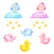 Funny kids toys - elephants, owls, ducks, clouds and stars. Watercolor illustration