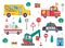 Funny kids transport set with animals and road signs. School bus, ambulance, excavator, fire engine, police car cartoon vector