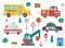 Funny kids transport set with road signs. School bus, ambulance, excavator, fire engine, police car cartoon vector illustration