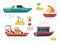 Funny kids water transport set. Boat, yacht, sailboat, motorboat, container ship and lighthouse cartoon vector illustration