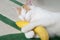 Funny kitten holding a banana in paws