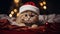 A funny kitten in a New Year's hat. Happy waiting and preparation for the New Year and Christmas. Garlands and bokeh