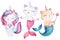 Funny kittens, cat-mermaid and cat-unicorn on an isolated white background. Watercolor drawing, children's illustration