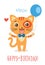 Funny Kitty With Balloon. Cute Cartoon Animal Vector On White Background. Funny Cat Greetings Card.