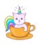 Funny kitty character. Kitten with rainbow horn and horse tail. Cat unicorn in tea cup. Cafe logo mockup, kawaii print