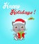 Funny Kitty With Gifts And Santa Hat In Flat Style. Happy Holidays Postcard Design. Funny Cat.