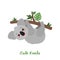 Funny koala baby hanging on a tree with leaves. flat vector illustration isolated