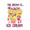 Funny label with ice cream sundae, fruits, crazy emoji love couple, text