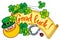 Funny label with shamrock, leprechaun and text Good luck!. Raster clip art.