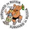 Funny Label: `Survived in Russia`. Drunk Tourist with Friendly Russian Bear