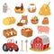 Funny landscape farm tools cartoon farming house symbols village animal agriculture vector illustration.