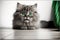 Funny large longhair gray kitten with beautiful big green eyes lying on white table, AI generated