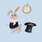 Funny lating rabbit inspired by Alice in Wonderland with clock and stovepipe hat
