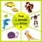 Funny learning maze game, find all 3 cute animals with the letter D, a Dolphin, a dog and a donkey. Educational page for children.