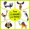 Funny learning maze game, find all 3 cute animals with the letter E, EMU, elephant, elk. Educational cranica for preschoolers. Vec