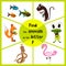 Funny learning maze game, find all 3 cute wild animals with the letter f, pink flamingos, marsh frog and forest Fox . Educational