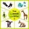 Funny learning maze game, find all 3 cute wild animals with the letter G, tropical gorilla, giraffe from Savannah and grasshopper