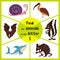 Funny learning maze game, find all 3 cute wild animals with the letter S, forest skunk, shark predatory sea slug and the snail. Ed