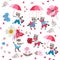 Funny little animals with umbrellas, butterflies, hearts, leaves and flowers on white background. Seamless pattern for baby