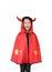 Funny little Asian child girl dressed Halloween costume. Kid in Dracula robe isolated on white background