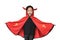 Funny little Asian child girl dressed Halloween costume. Kid in red Dracula robe isolated on white background